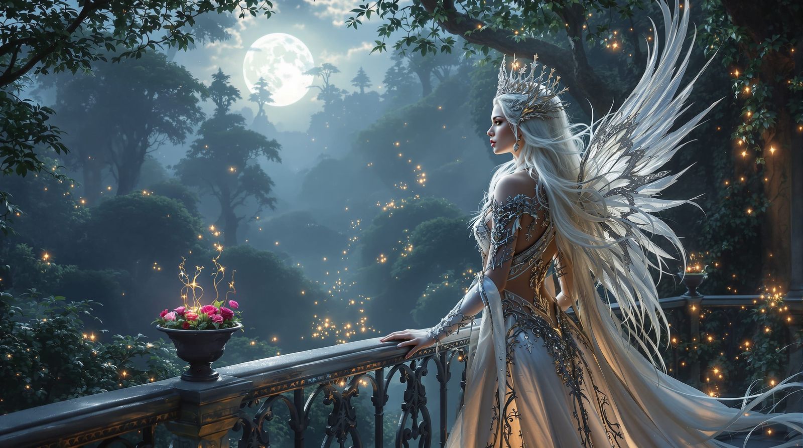 Regal Figure Overlooks Moonlit Forest
