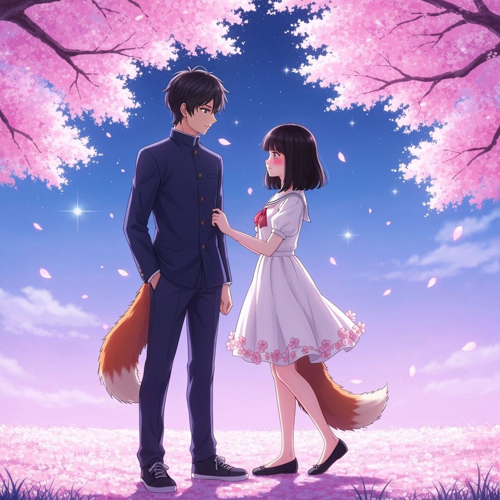 Anime Fox Couple Under Cherry Blossoms in Ghibli Style