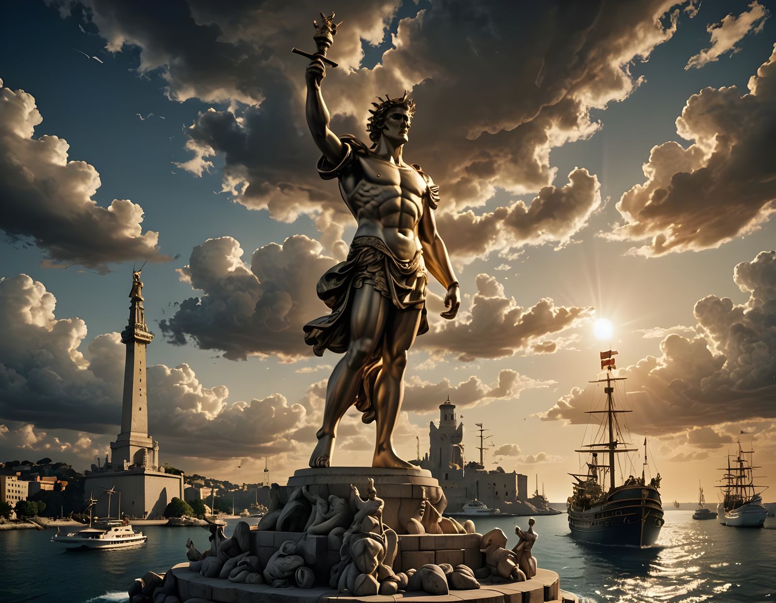 Baroque Masterpiece: Colossus of Rhodes in Dramatic Chiarosc...