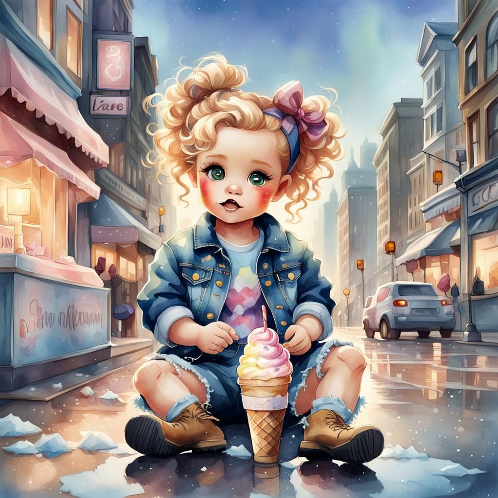 Toddler with Ice Cream, Fantasy Watercolor Art