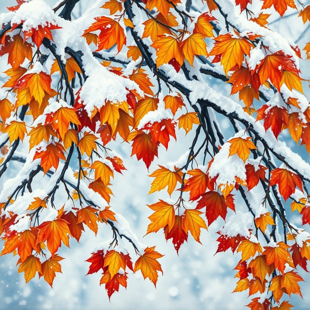 Impasto Autumn Branches Covered in Frost and Snow
