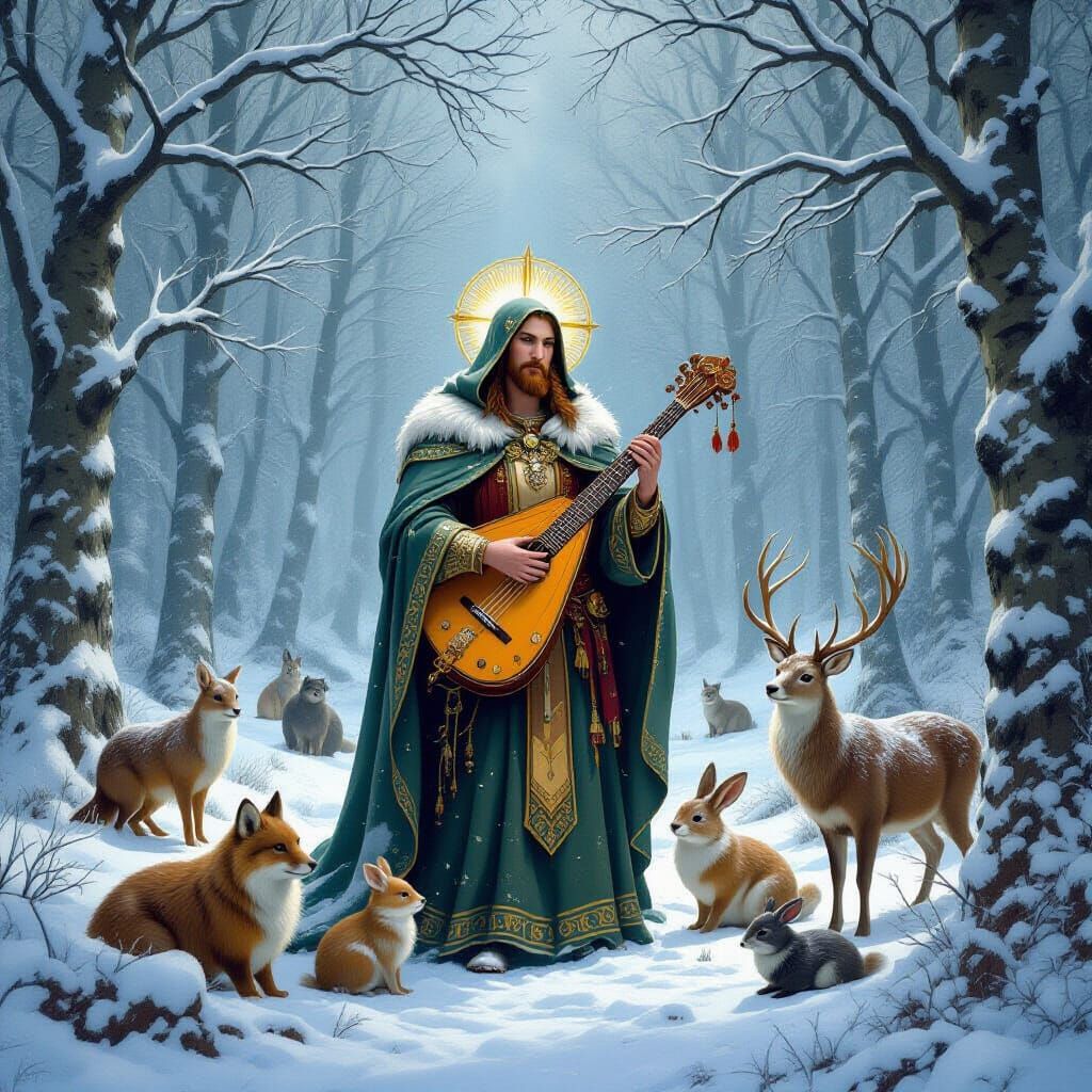 Pagan Saint in Snowy Forest with Harp and Animals