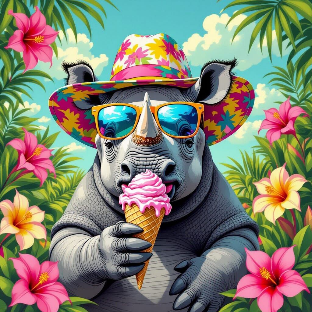 Rhino Enjoys Pink Ice Cream in Tropical Flowers