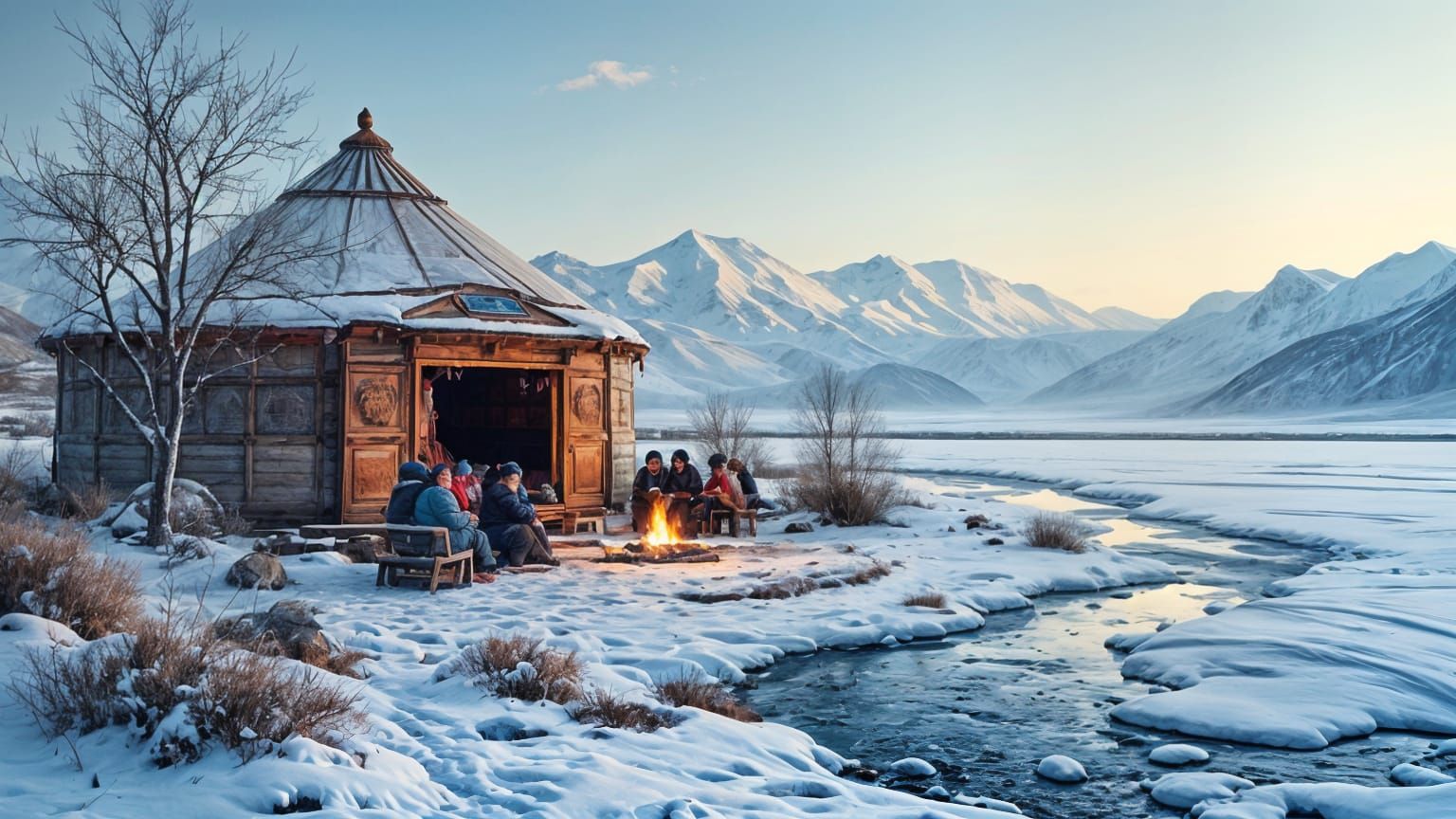 Traditional Mongolian Yurt in a Frozen Winter Landscape