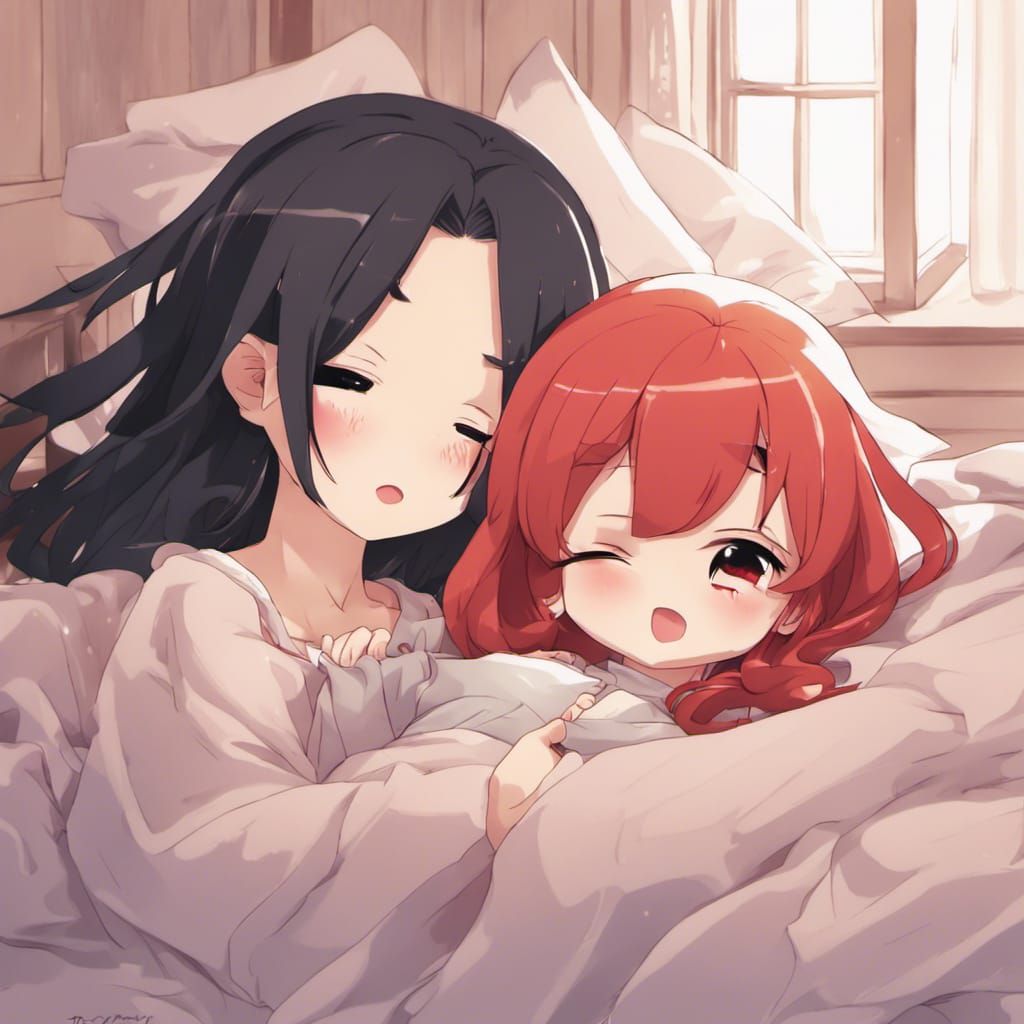 Chibi Anime Girls Sleeping Peacefully on Bed