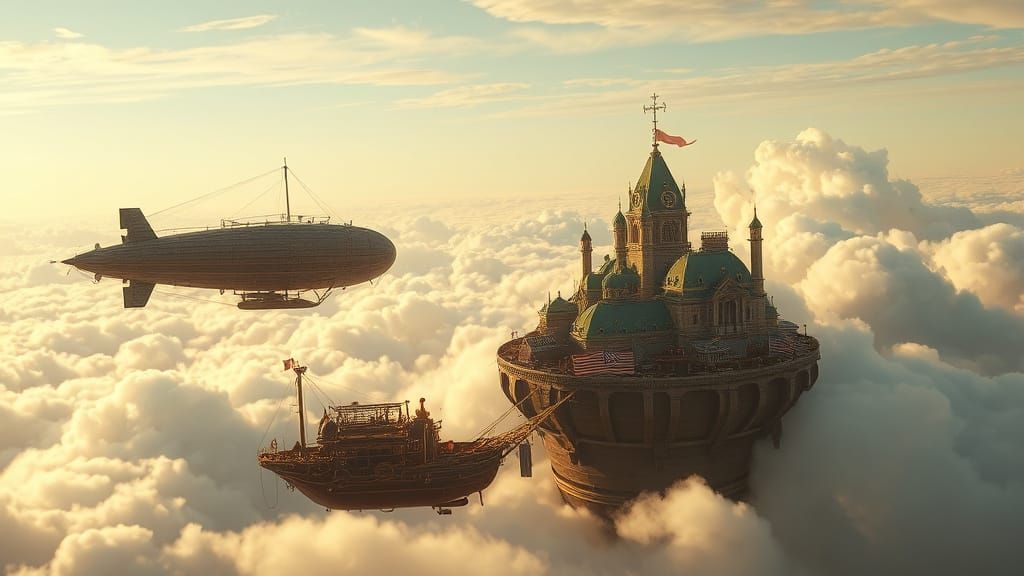 Steampunk Airship Docks at Cloud City in a Masterpiece Digit...