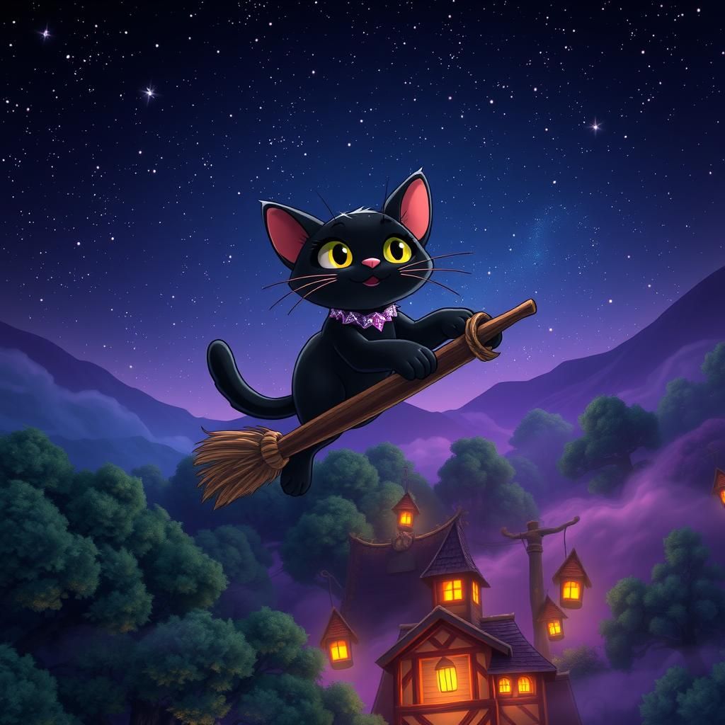 Cartoon Black Cat Soaring on Magic Broomstick