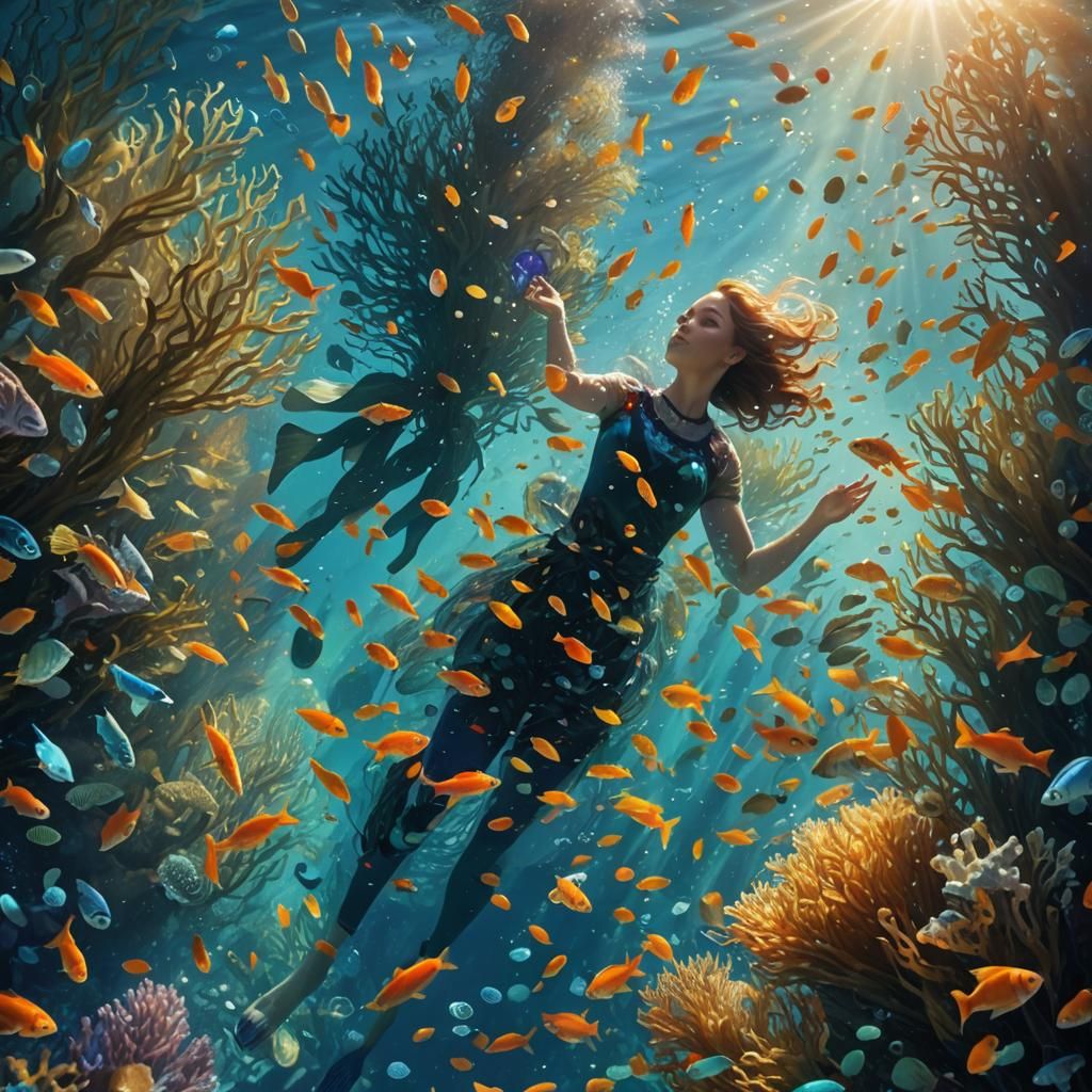 Underwater Scene with Swimmer, Fish, and Sunlight
