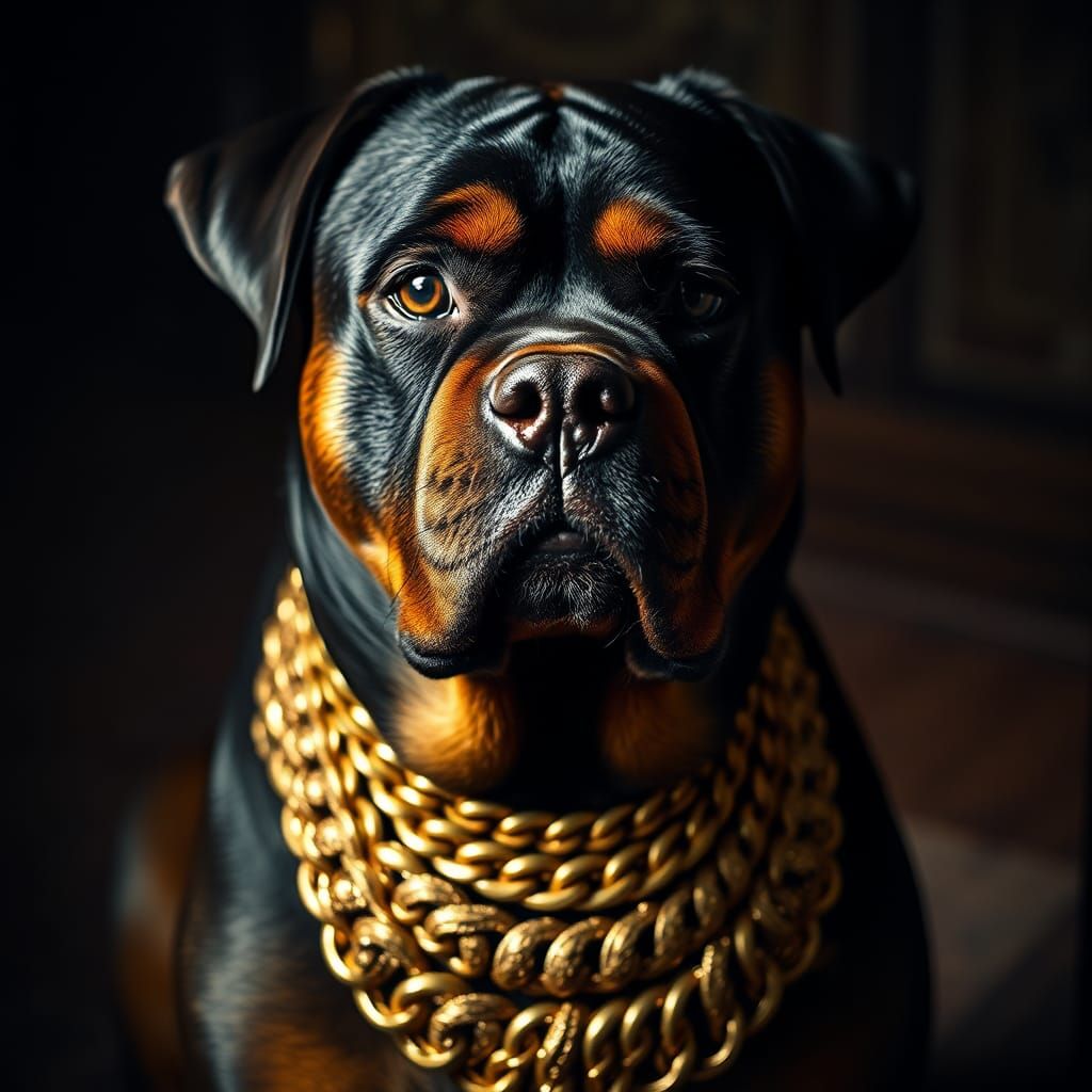 Rottweiler Portrait with Golden Necklace in Dramatic Lightin...
