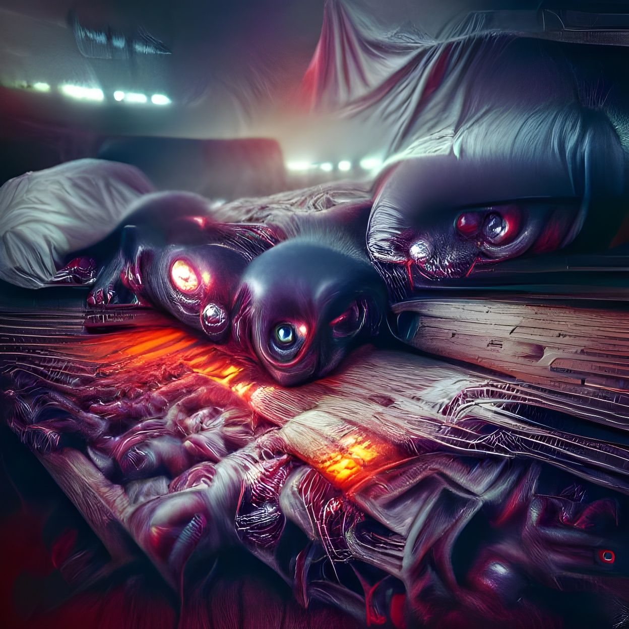 a monster with red glowing eyes in the darkness under my bed