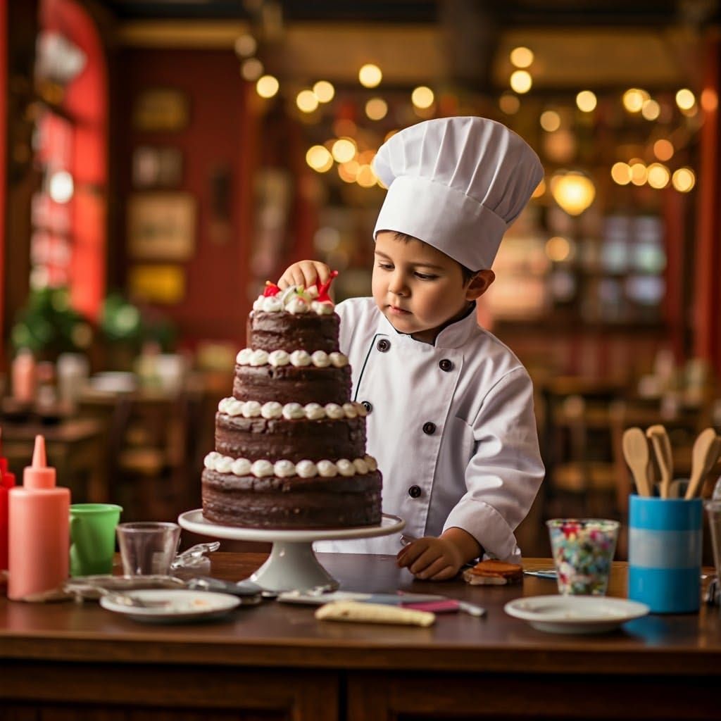 Boy Chef Designs Chocolate Cake in Play Restaurant