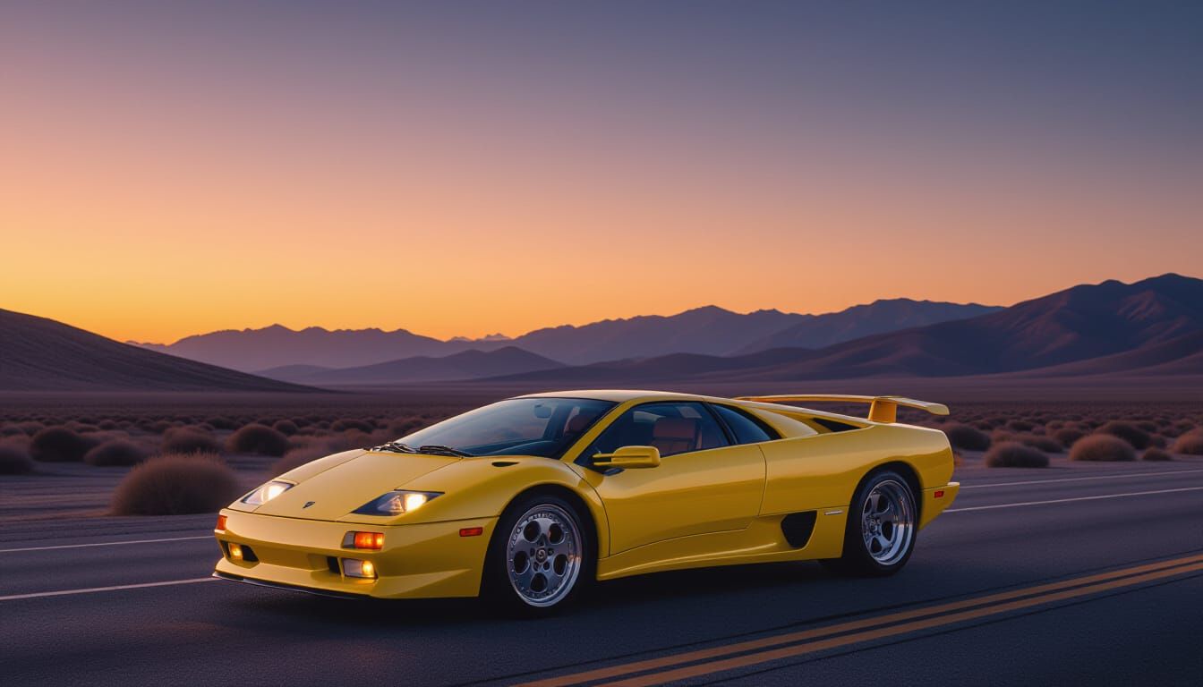 Yellow Lamborghini Diablo on Deserted Highway at Dusk