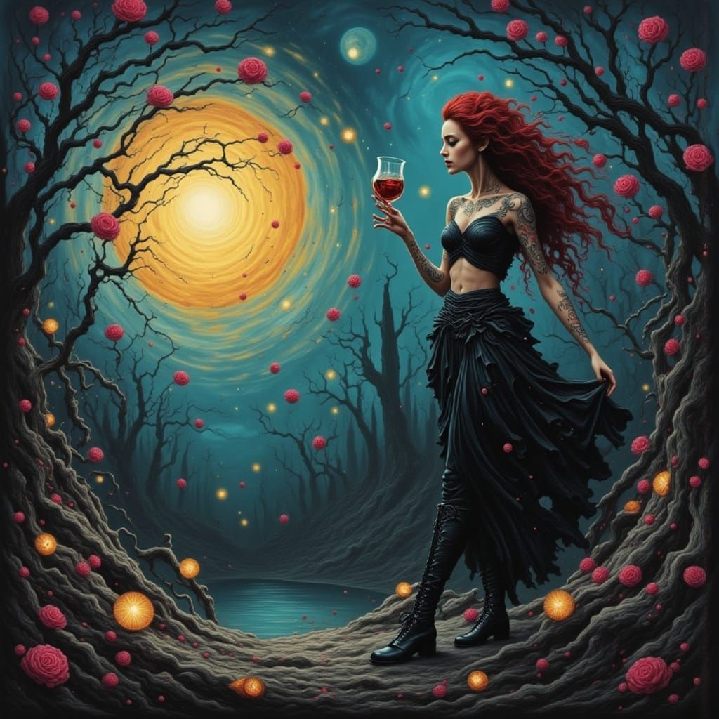 Persephone in Purple Lights as Expressionist Oil Painting