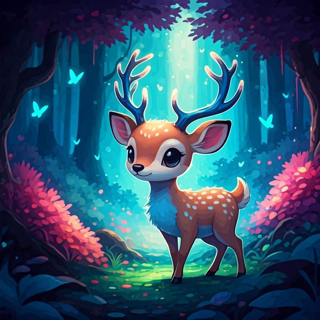 Watercolor Deer in Magical Forest