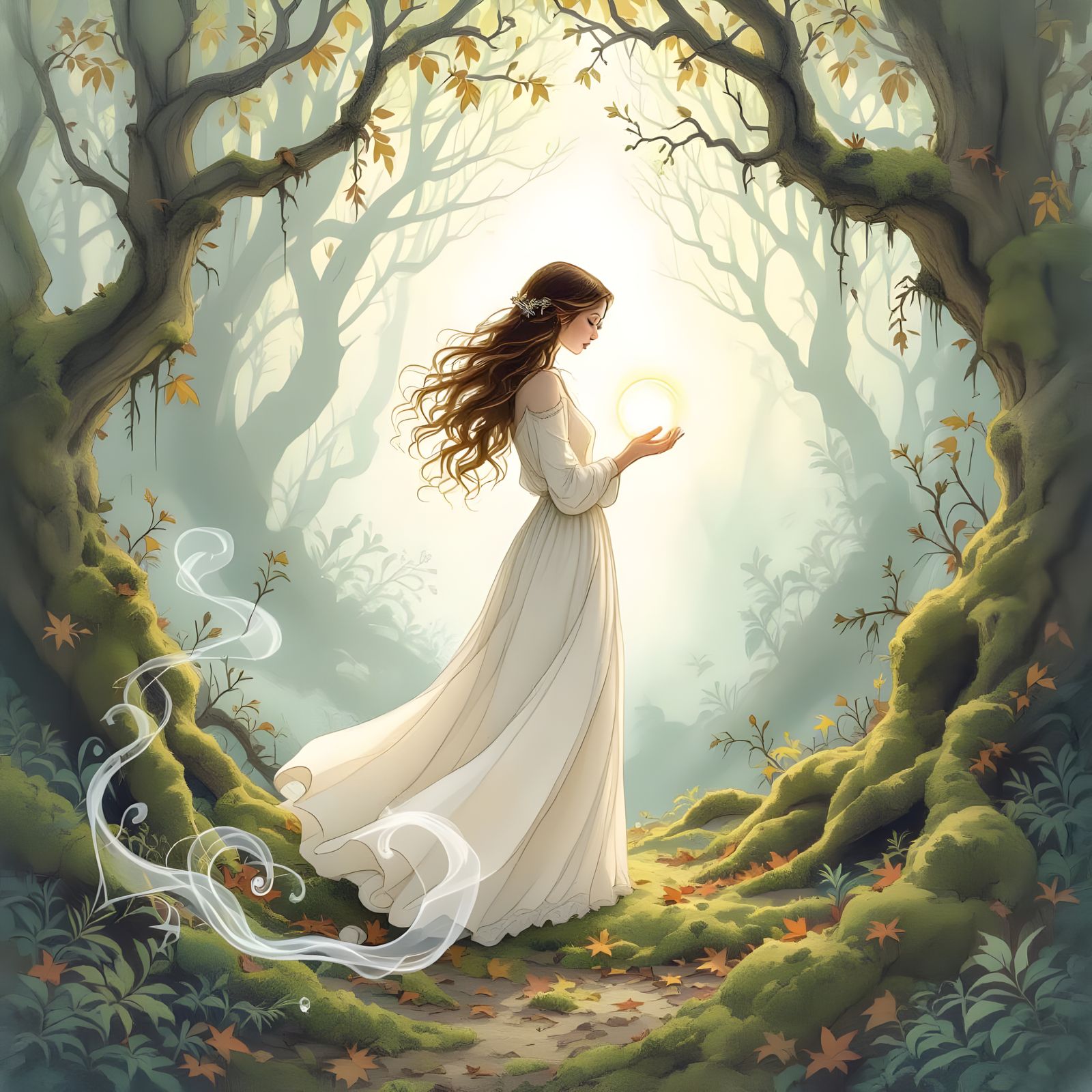 Woman Holding Glowing Orb in Enchanted Forest