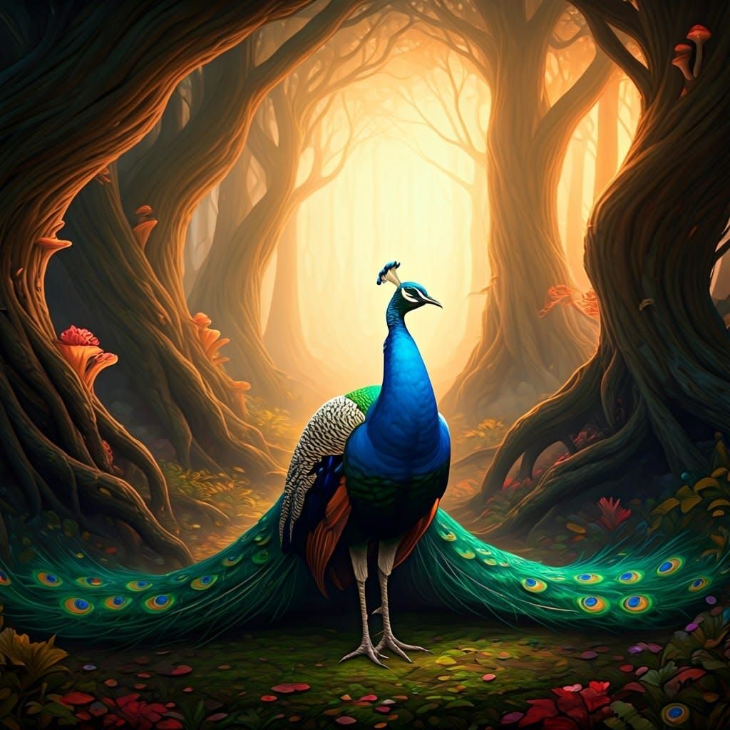 Vibrant Peacock in a Lush, Ethereal Forest