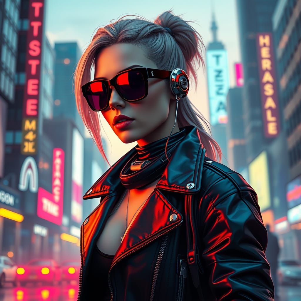Cyborg Woman in Sunglasses in Neon Cityscape