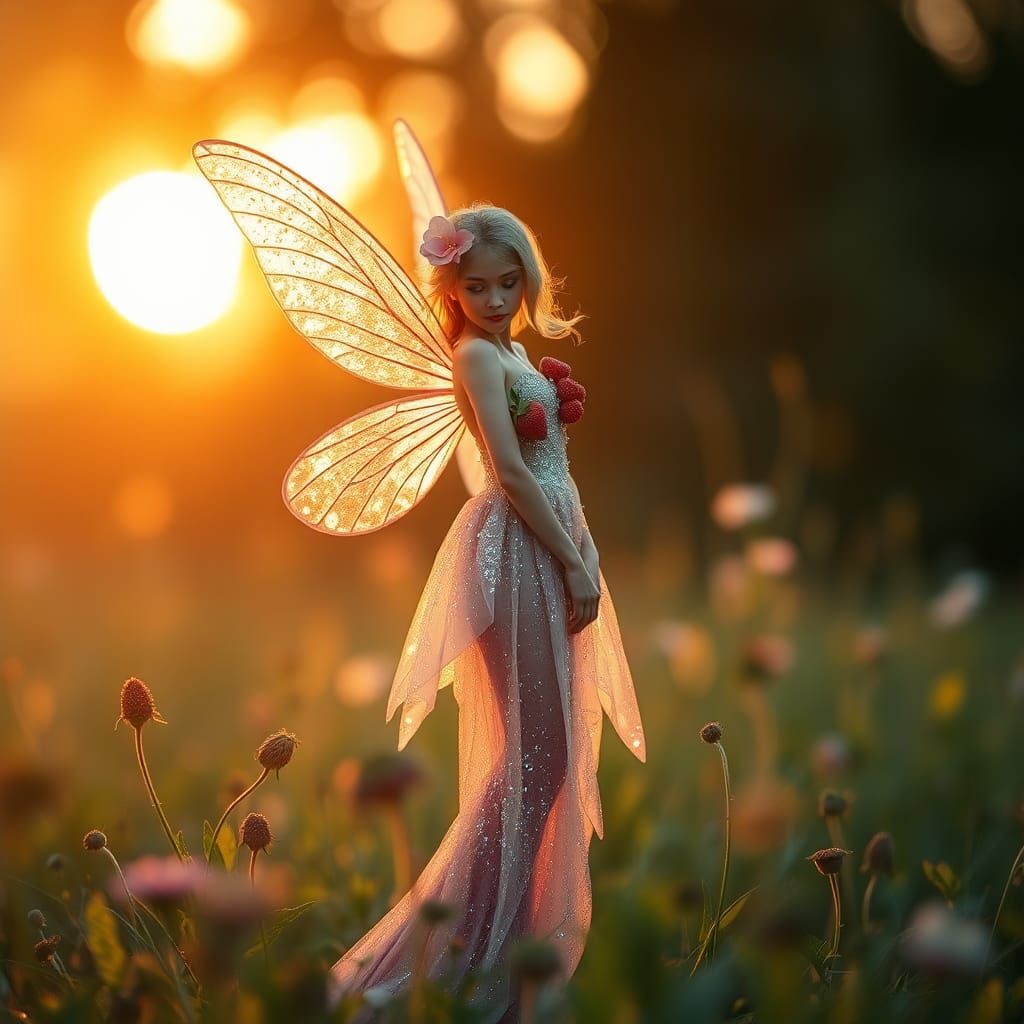 Strawberry Flower Fairy in Golden Sunset Light