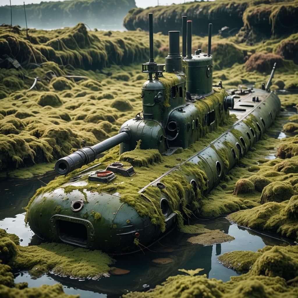 Sunken Algae-Covered Submarine in Natural Light