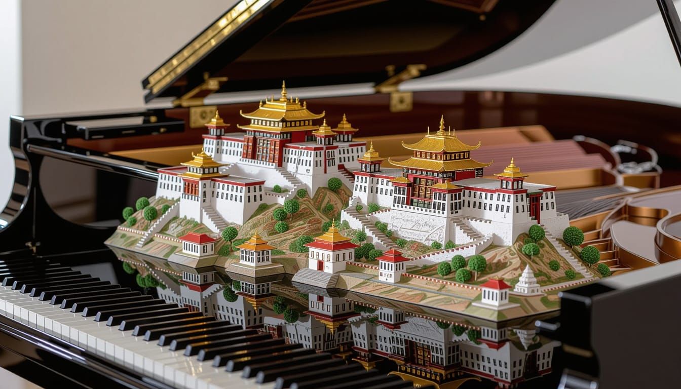 Abstract Miniature Cities on Black Piano Surface