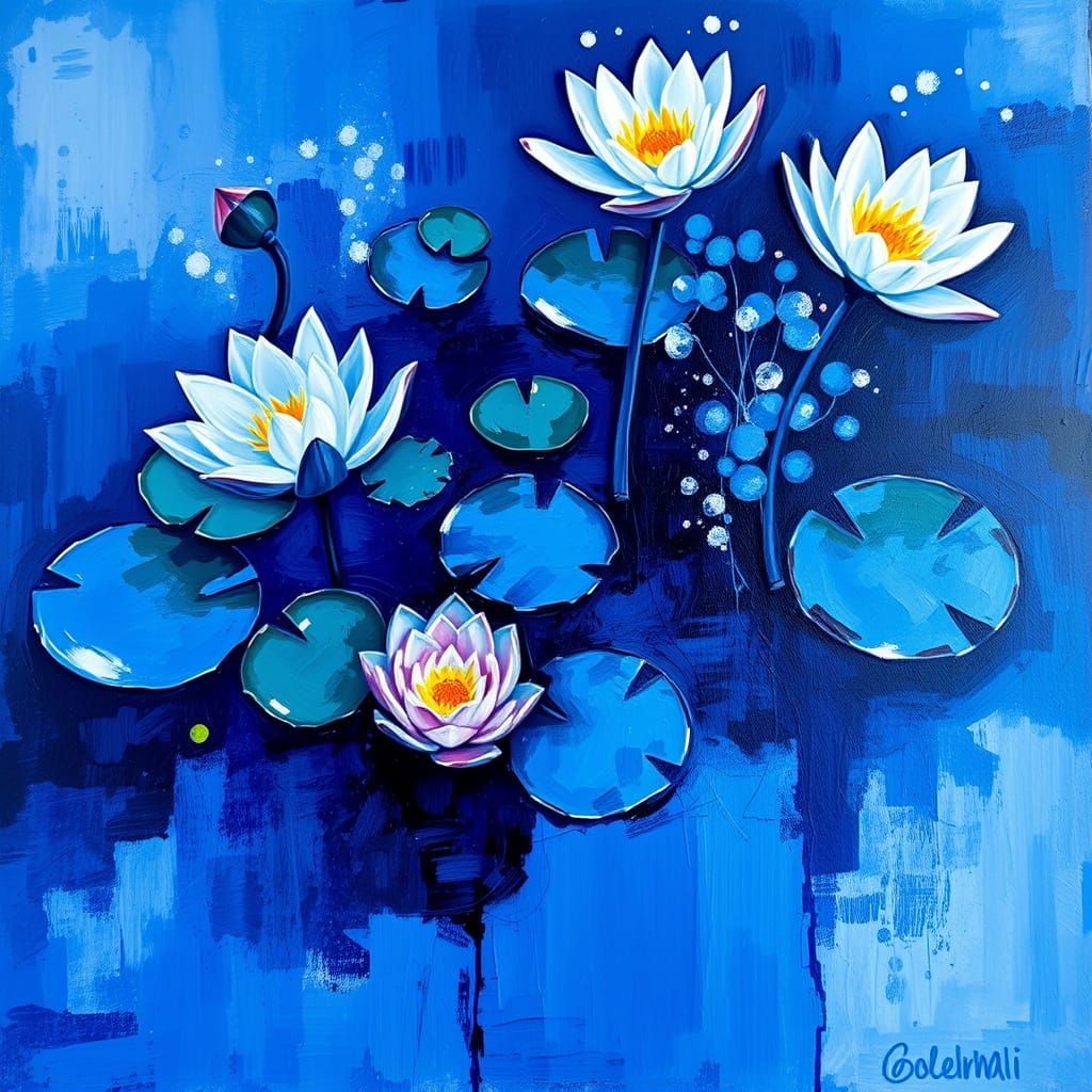 Vibrant Indigo Expressionism Waterlilies
