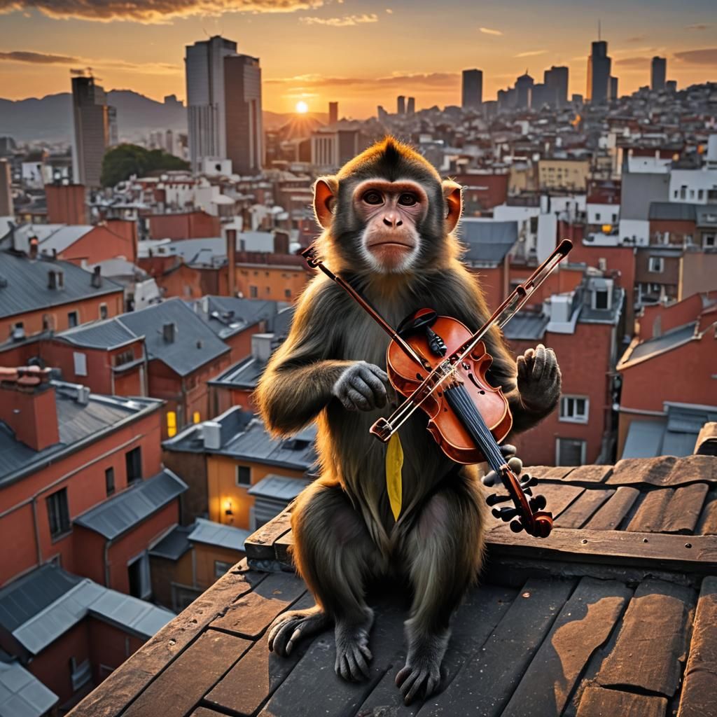 Monkey Violinist on Rooftop at Sunset: Hyperrealistic Image