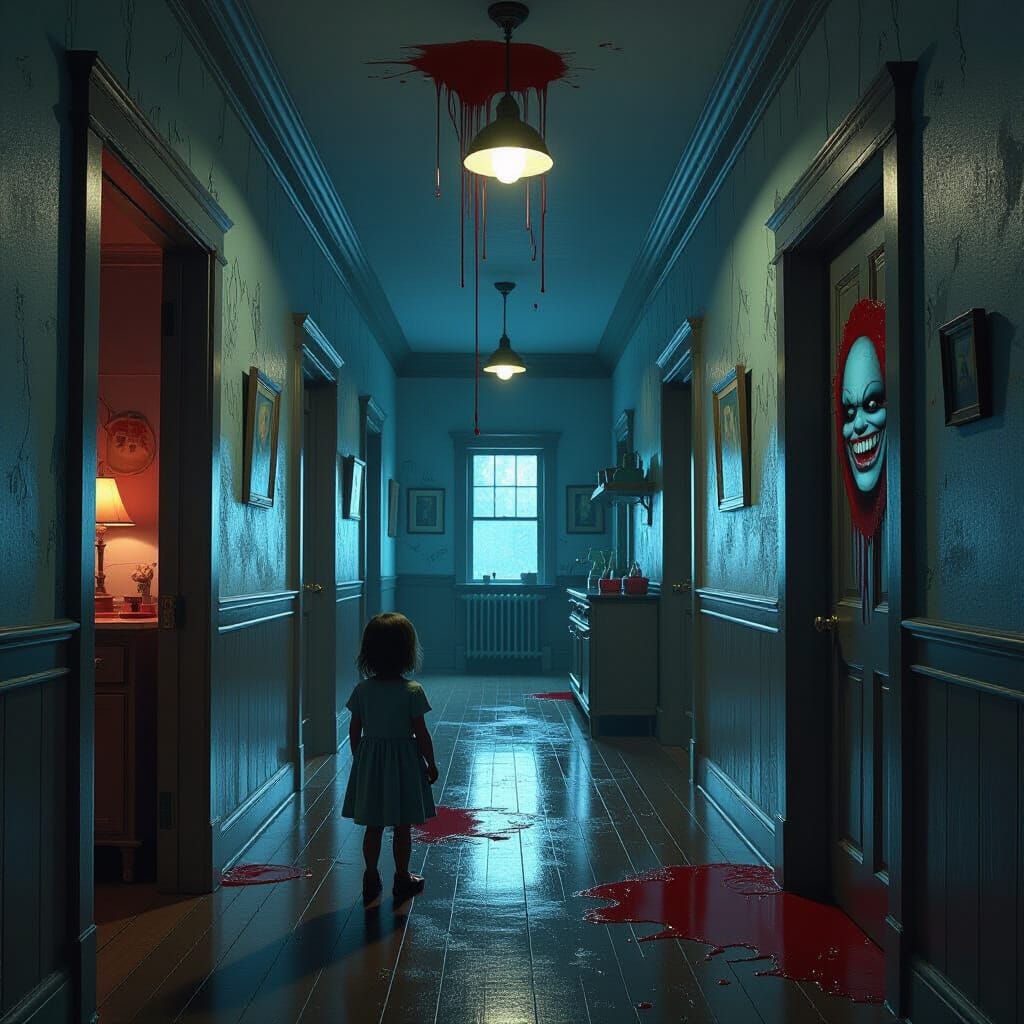 Eerie Hallway of Doors in Cinematic Style
