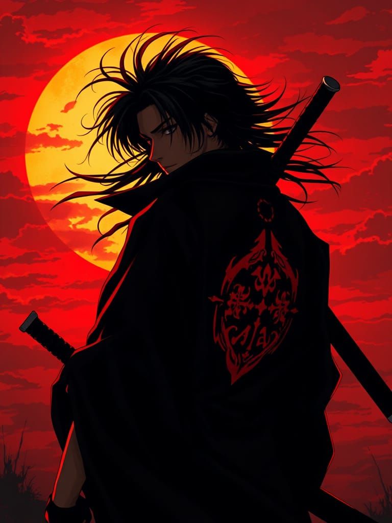 Epic Anime Swordsman Silhouetted Against Fiery Sunset