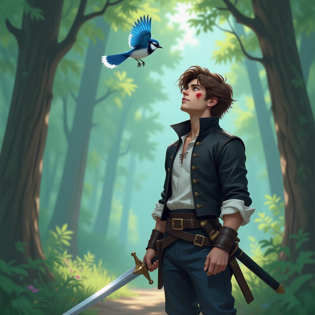 Warrior in Forest Stance with Bluejay, Concept Art