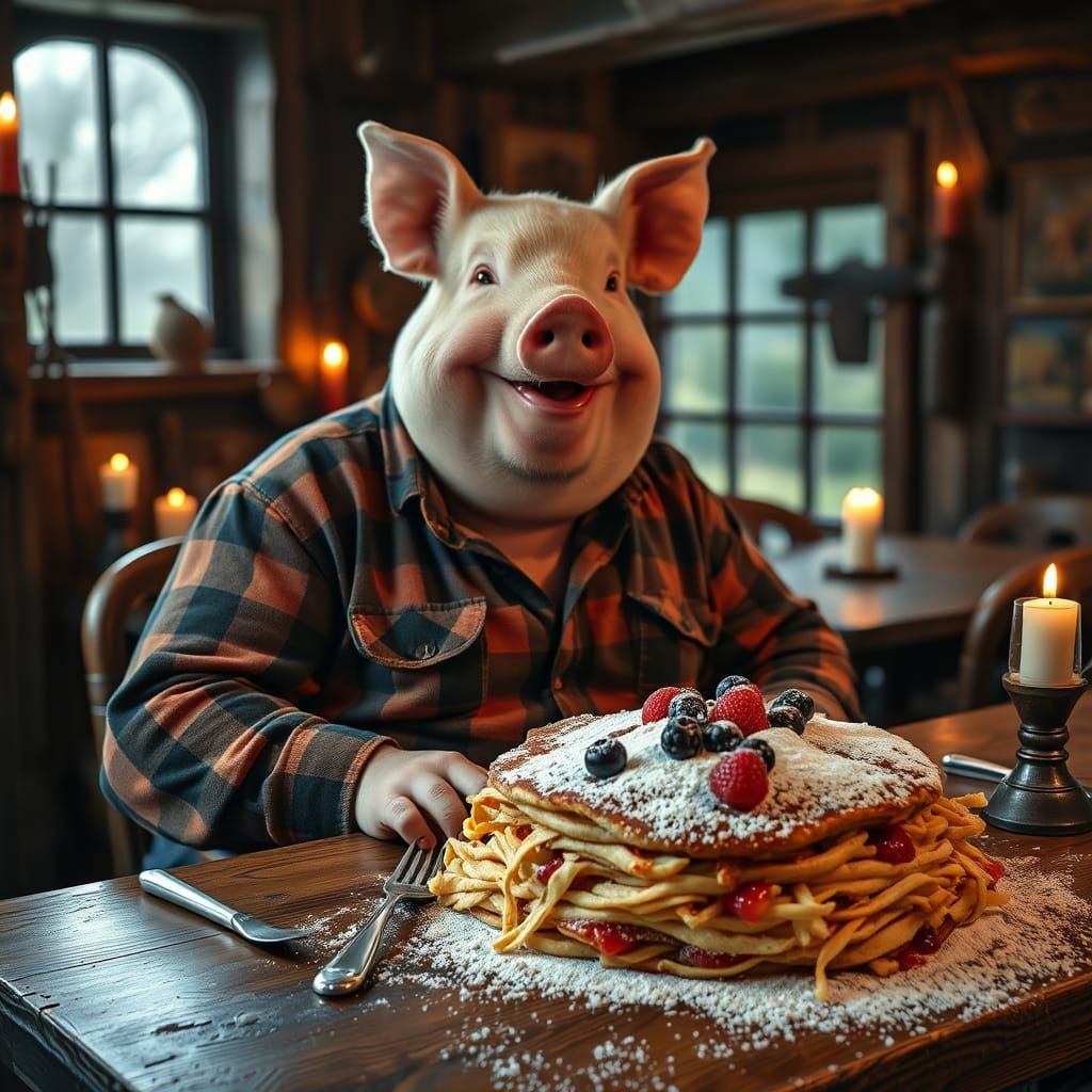 Pig-Headed Man Enjoys Kaiserschmarrn in Rustic Inn