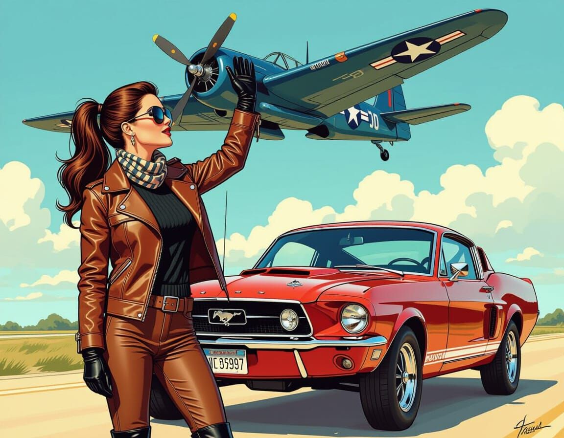Brunette Pilot Waving in 70s Comic Art Style