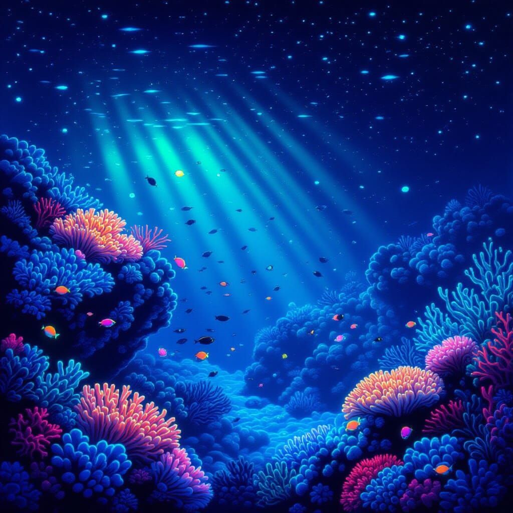 Bioluminescent Coral Reef at Night in Surreal Style