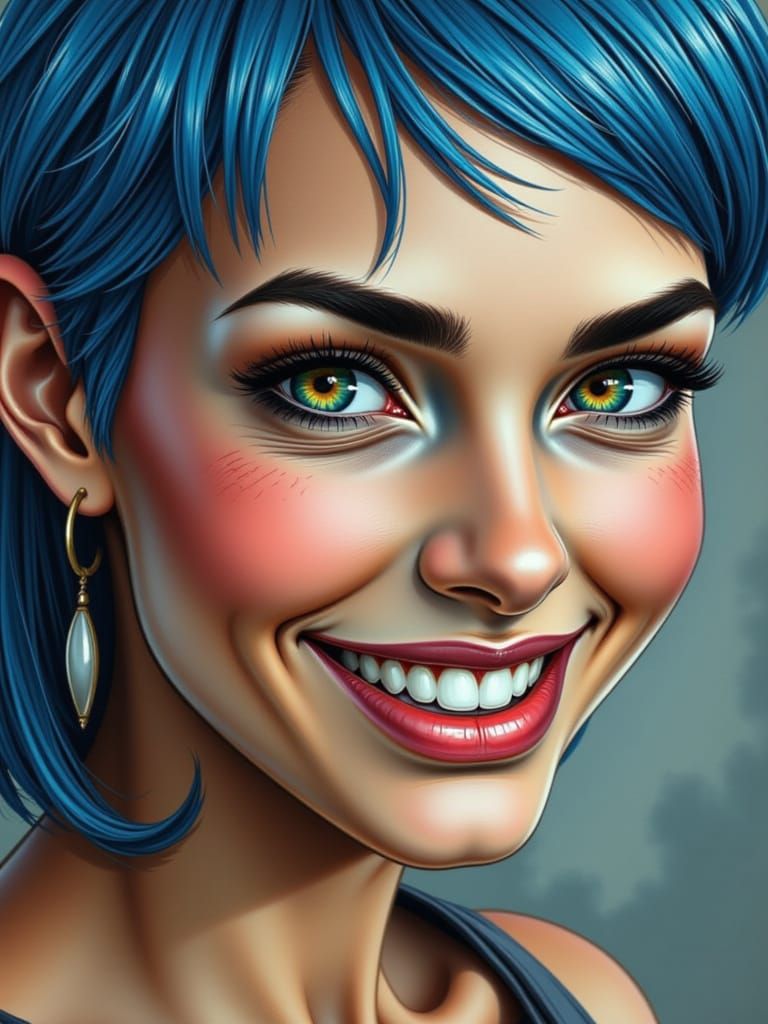 Stunning Woman with Blue Hair, Watercolor Style