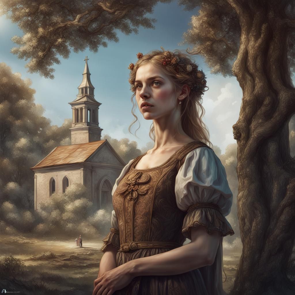 Renaissance Maiden Sketch: Detailed Matte Painting