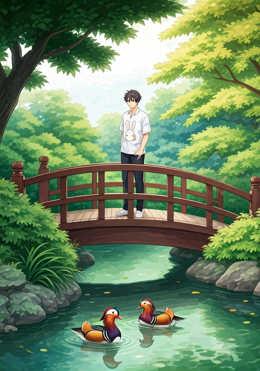 Handsome Man Observes Mandarin Ducks in Serene Pond Scene