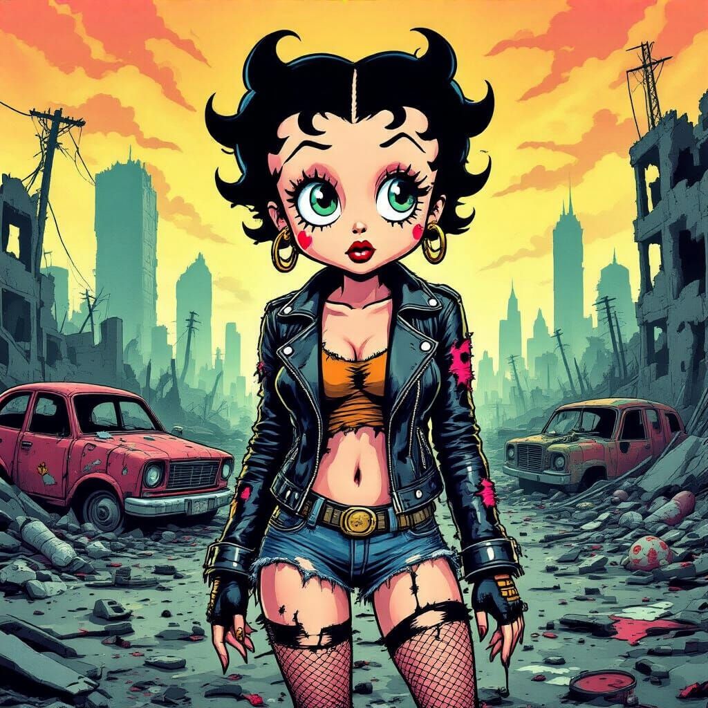Betty boop in an apocalyptic fallout world. Cartoon cel shaded art