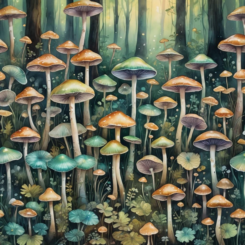 Glowing Glass Mushrooms in Dreamy Watercolor Forest