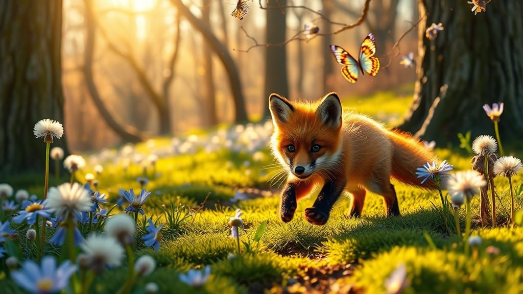 Whimsical Fox in Vibrant Spring Meadow