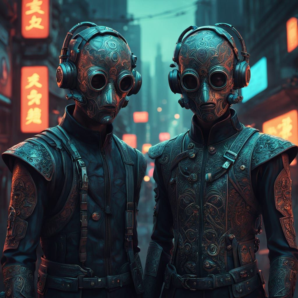 Cyberpunk Conjoined Twins Masters of Disguise in Muted Gradi...