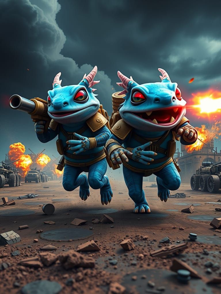 Fleeing Axolotl Warriors in Royal Blue Armor