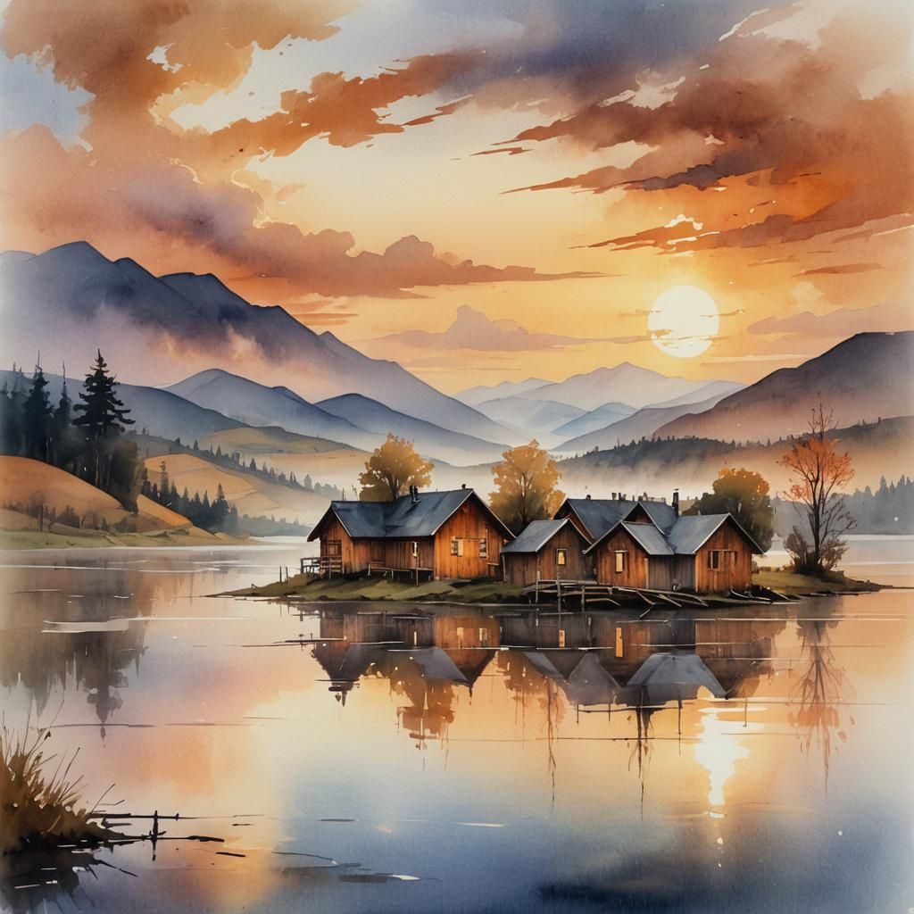 Ethereal Landscape Painting of Rustic Houses by Lake