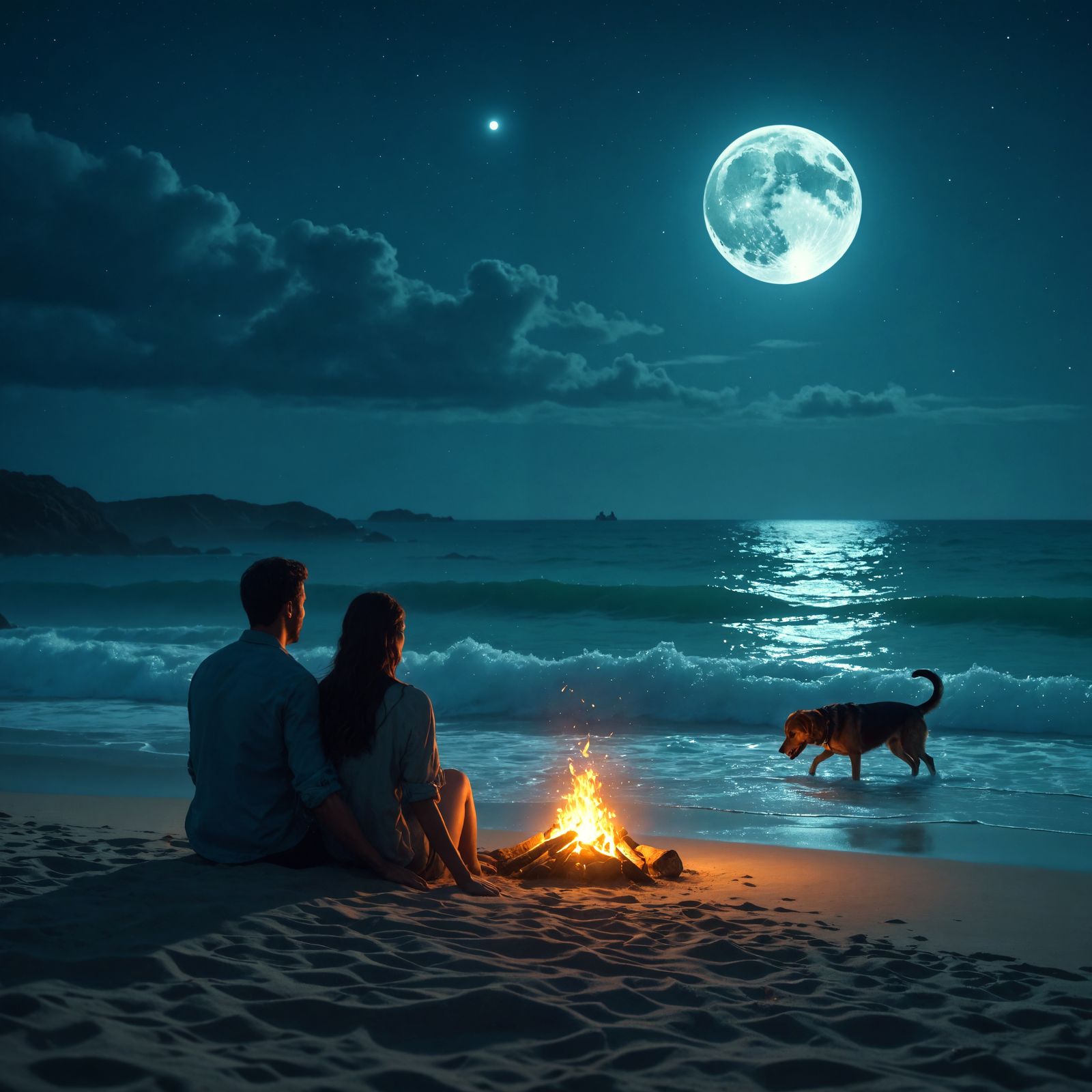 Bioluminescent Beach: Couple by Campfire Under Moonlight