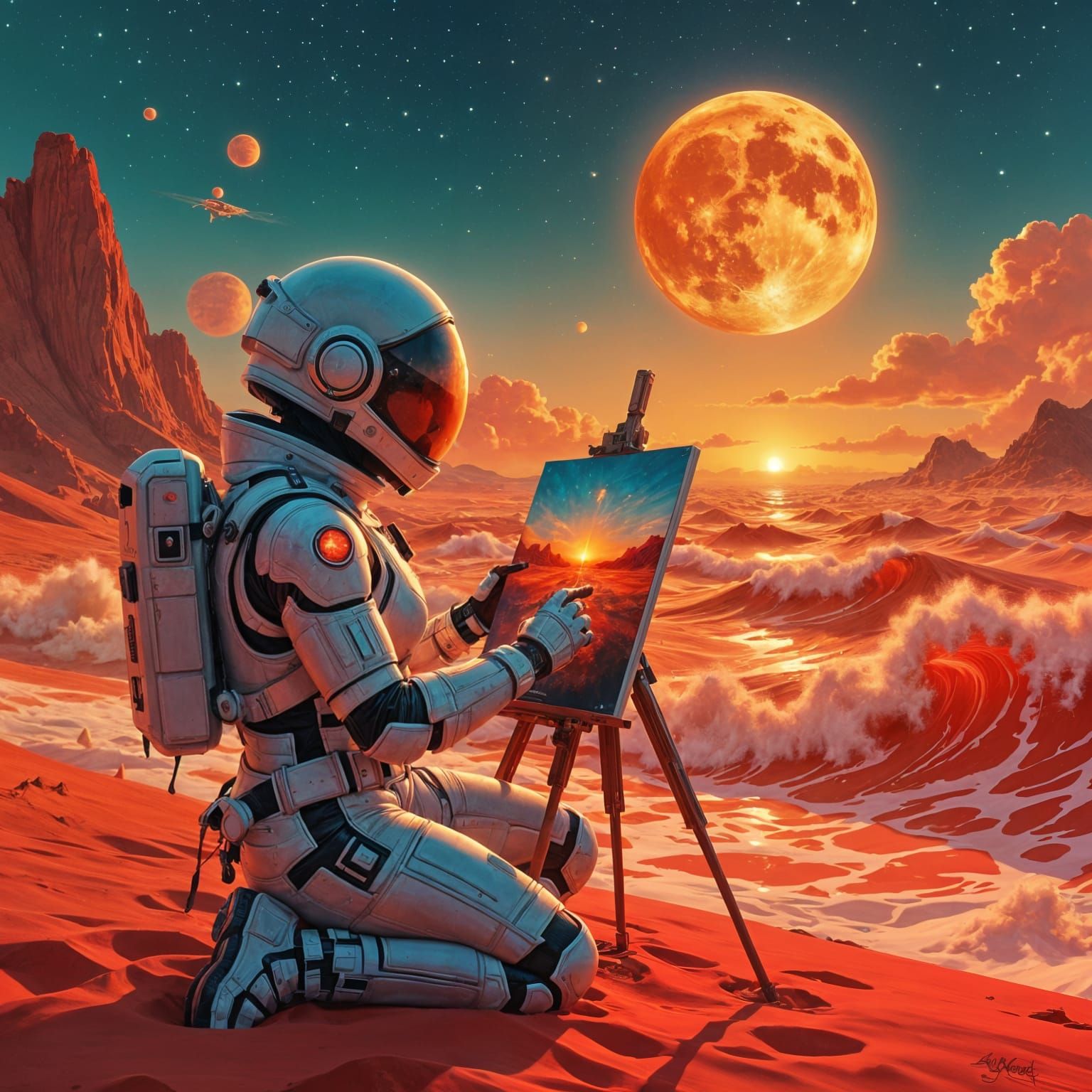 Cybernetic Artist Paints Mars Seascape in Oil Style