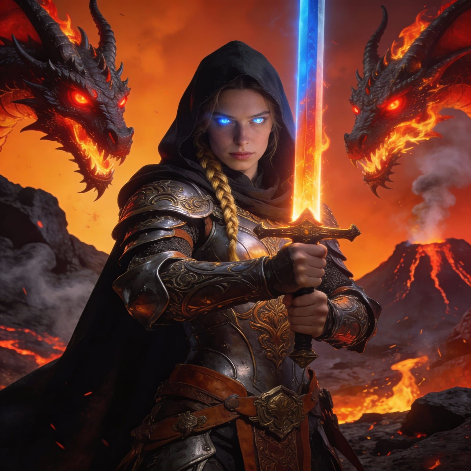 Warrior Defies Dragons Amidst Volcanic Fury