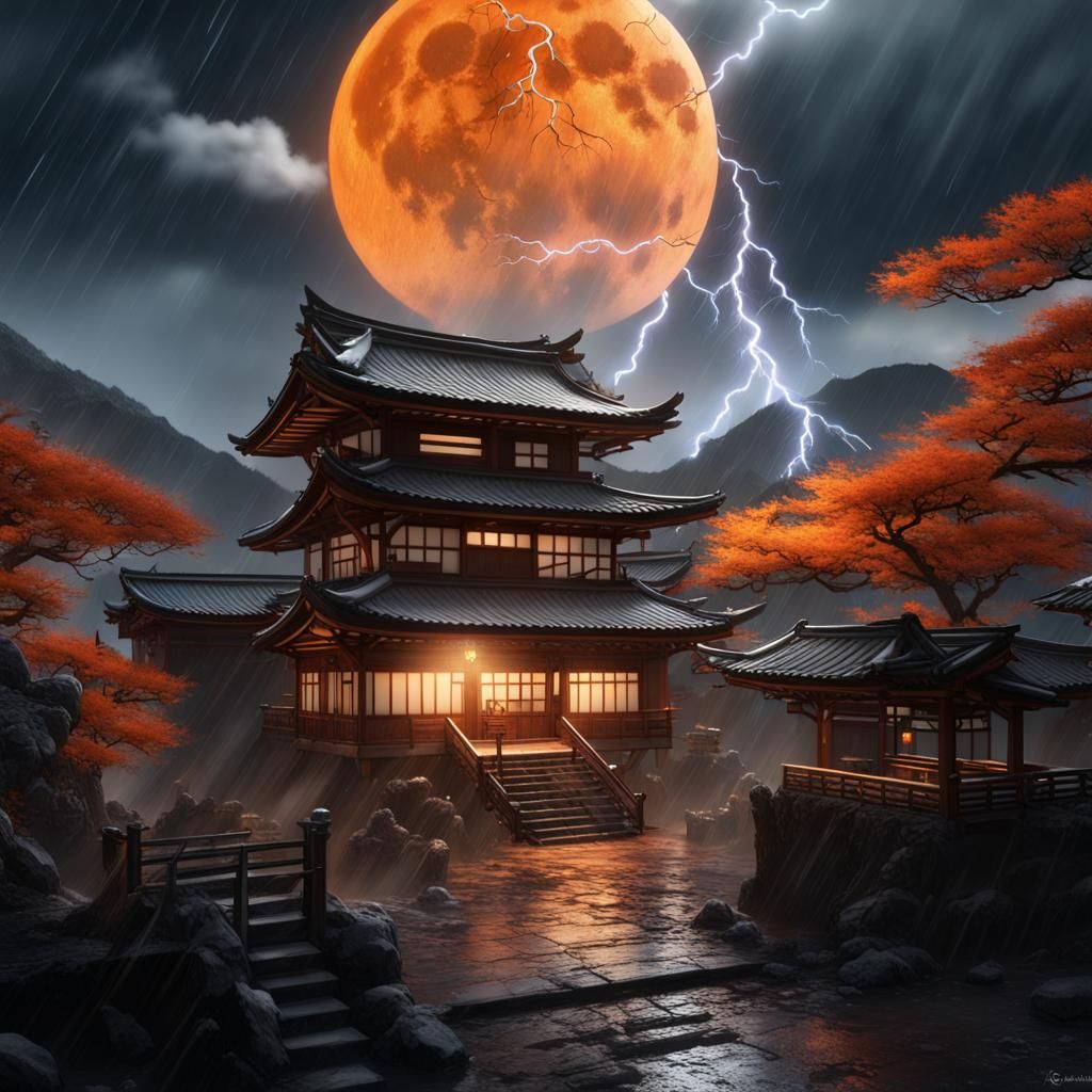 Samurai, Dragon, and House in Japanese Landscape