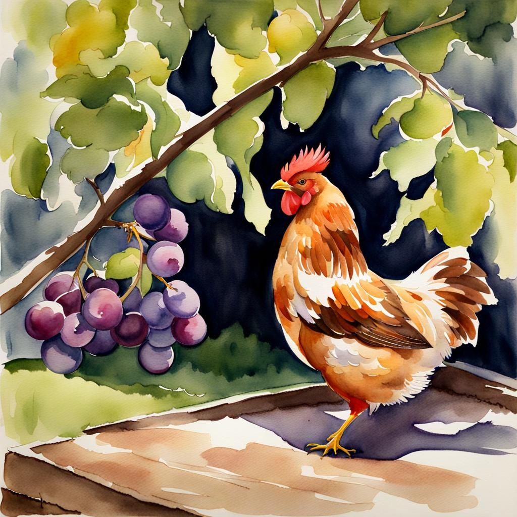 Hen Scratches Under Plum Tree: Watercolor