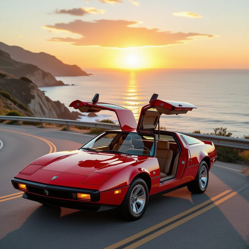 Cherry-Red Bricklin SV-1 on Coastal Road at Sunset