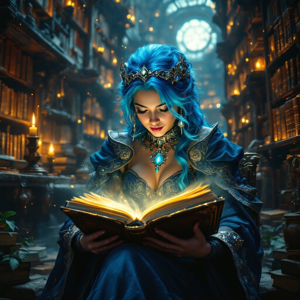 Enchanted Blue Witch in Mystical Library of Wonders