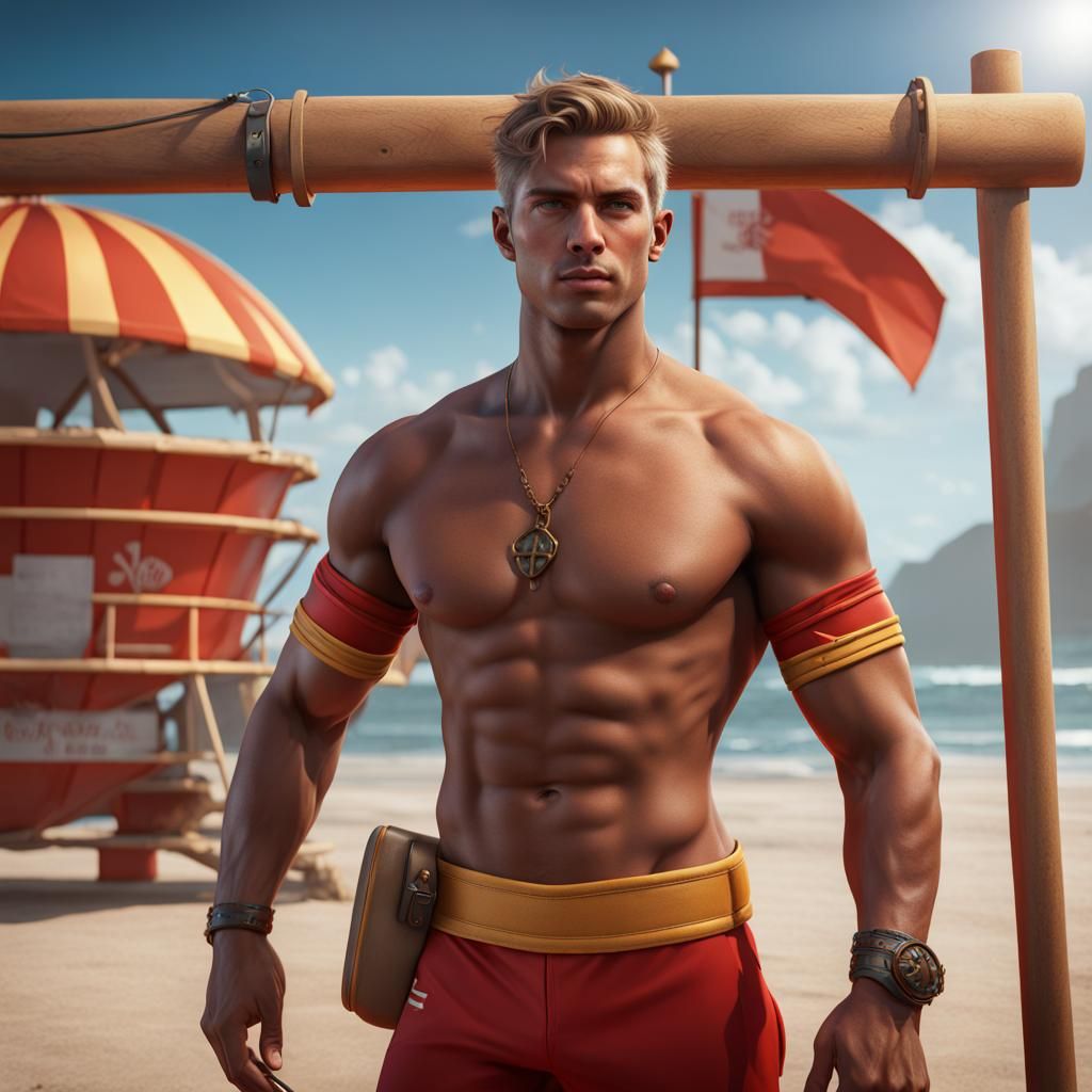 Detailed Matte Painting of a Hot Lifeguard