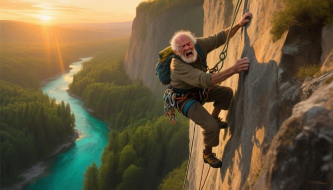 Senior Climber Scales Sheer Cliff at Golden Hour